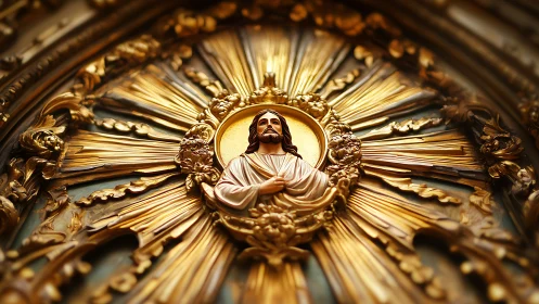 Golden religious relief glows with radiant sacred light