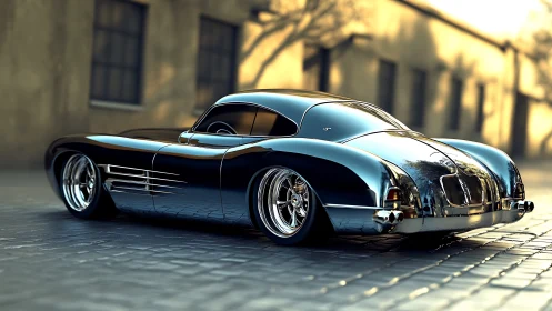 Chrome classic coupe sits low on cobbled street at sunset