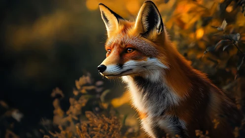 Red fox portrait rendered in warm autumn forest light