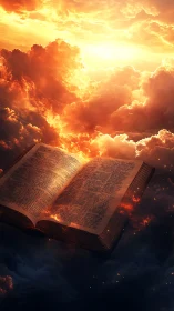 Ancient illuminated book levitates amid incandescent storm clouds