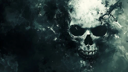 Skull dissolves through dark mist with splintered abstract edges