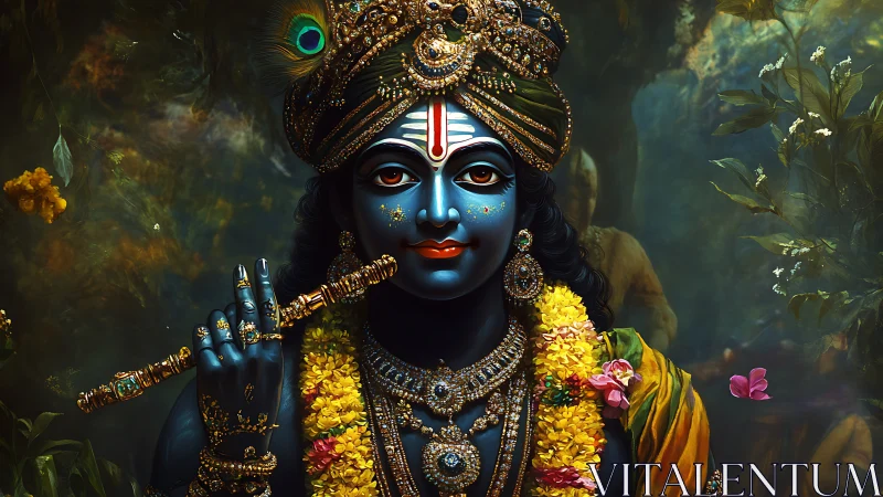 Blue-skinned flute player in ornate attire and forest setting.