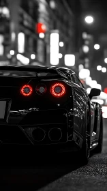 Midnight supercar stalks neon streets in monochrome prowl.
