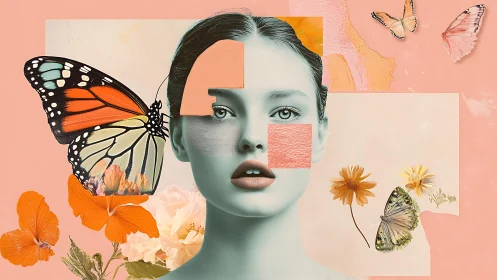 Surreal female portrait merges butterflies with soft coral dreams