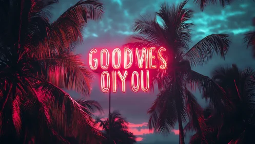 Neon text sign among palm trees at tropical dusk.