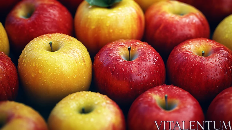 Red and yellow apples with water droplets in close view.