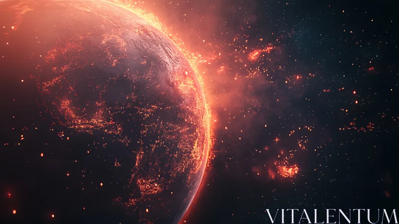 Ember-wreathed planet drifts through a storm of cosmic fire.