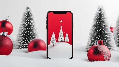 Snowy smartphone Christmas dream framed in crimson cheer.