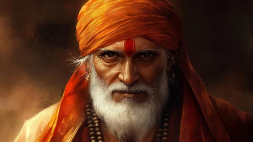 Elderly Indian sage portrait with orange turban and tilak mark