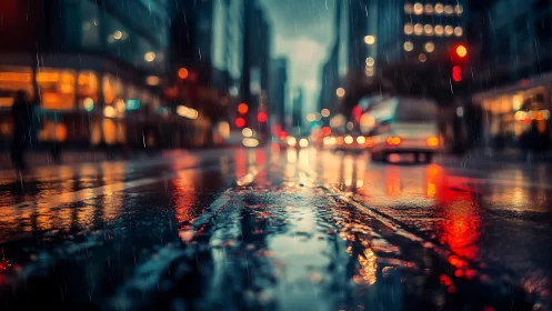 Neon city street glows across rain soaked asphalt at dusk