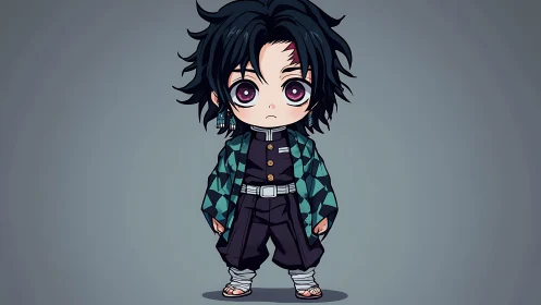 Chibi style anime boy in patterned haori on gray backdrop.