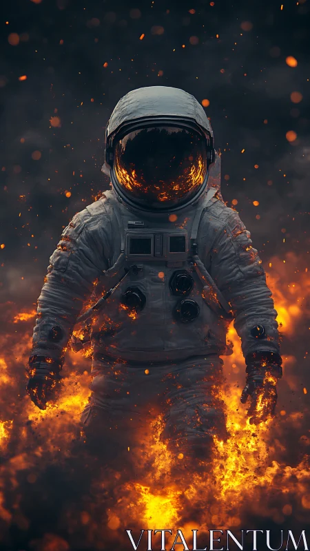 Astronaut in burning landscape with embers and smoke.