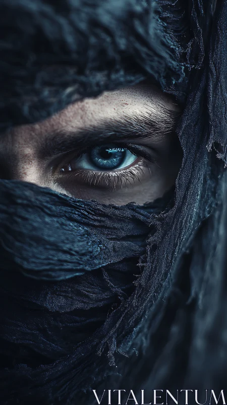 Macro ocular portrait in tattered indigo textile shrouding.