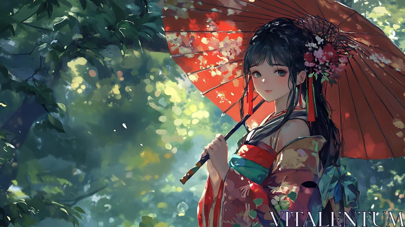 Kimono-clad girl under red parasol in dappled forest light.