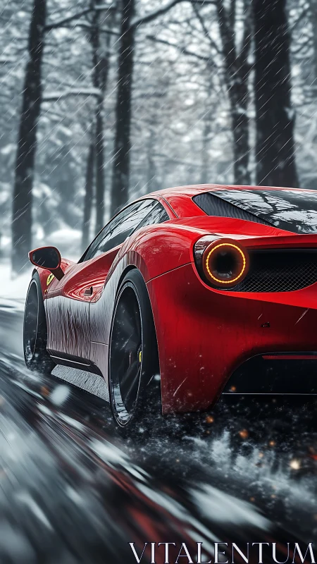 Crimson supercar slicing through a snowy forest road.