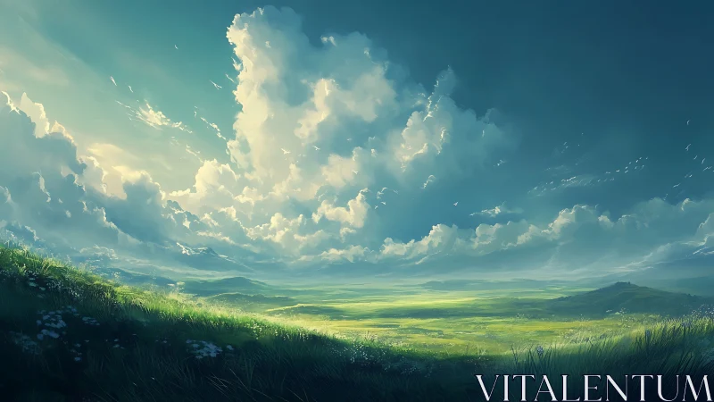 Extensive grassland plain under deep cloud formations.