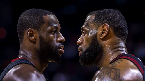 Two basketball players facing off in close sideline view.