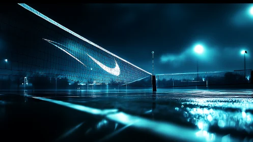 Wet night tennis court with glowing net and blue lights.
