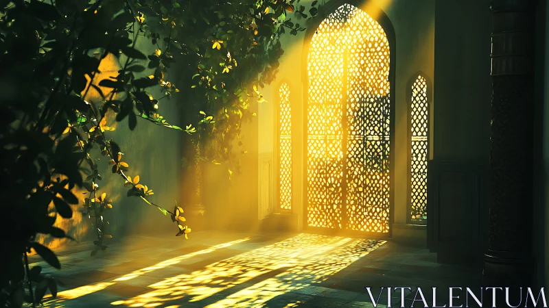 Sunlit mashrabiya archway with cascading garden foliage