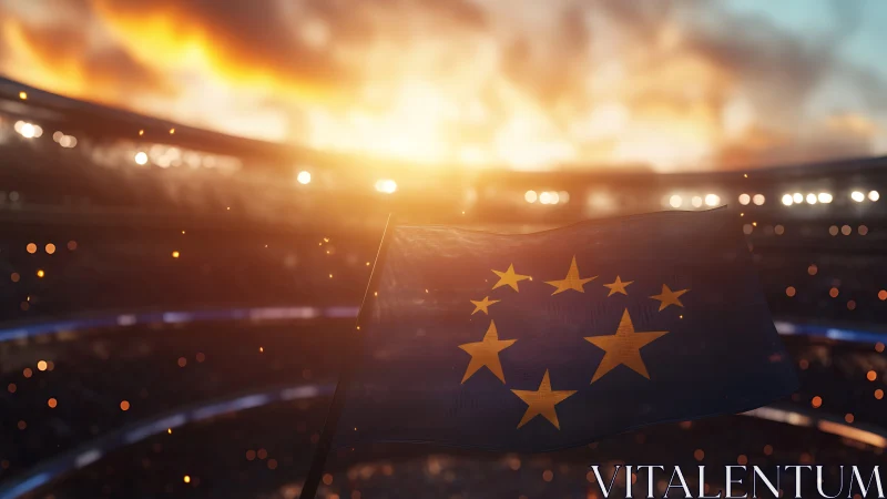 Stadium twilight lets a star-crowned blue flag ignite