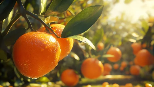 Sunlit orchard jewels glowing on dew-kissed orange boughs.
