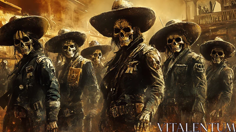 Digital painting of skeletal gunslingers in sepia western haze.