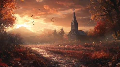 Sunset-lit country chapel amid misty crimson autumn woods.