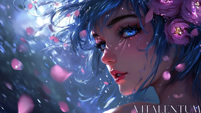 Blue haired girl with roses in drifting petals portrait.
