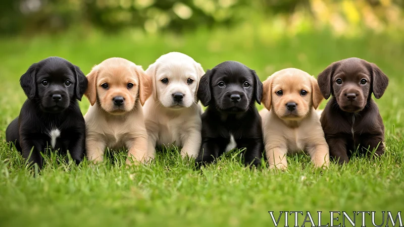 Row of mixed-color Labrador puppies lying on green grass.