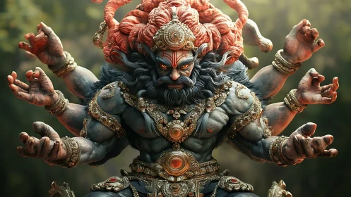 Many-armed forest war-god poised in molten gold fury.