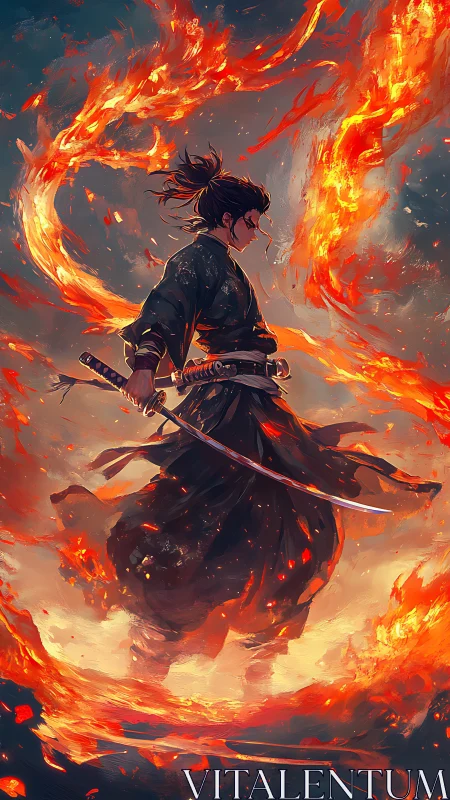 Fire-wreathed samurai warrior stands amid swirling embers