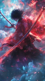 Fiery skyward samurai wrapped in swirling cosmic light.