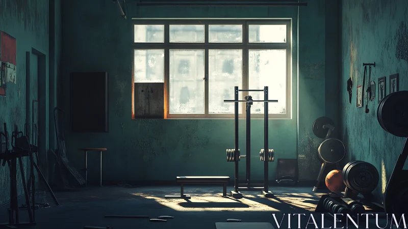 Sunlit weightlifting room with free weights and bench press.