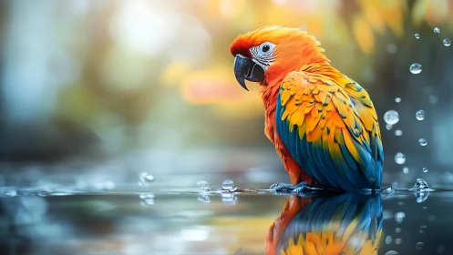 Vibrant Parrot Perched by Water in Soft-Focus Nature Scene.