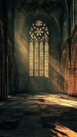 Sunlit quiet in a forgotten gothic cathedral hall.