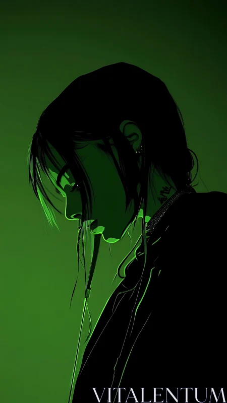 Neon green side-profile portrait of moody young woman.