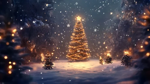 Illuminated conifer array in nocturnal snowfield volumetrics.