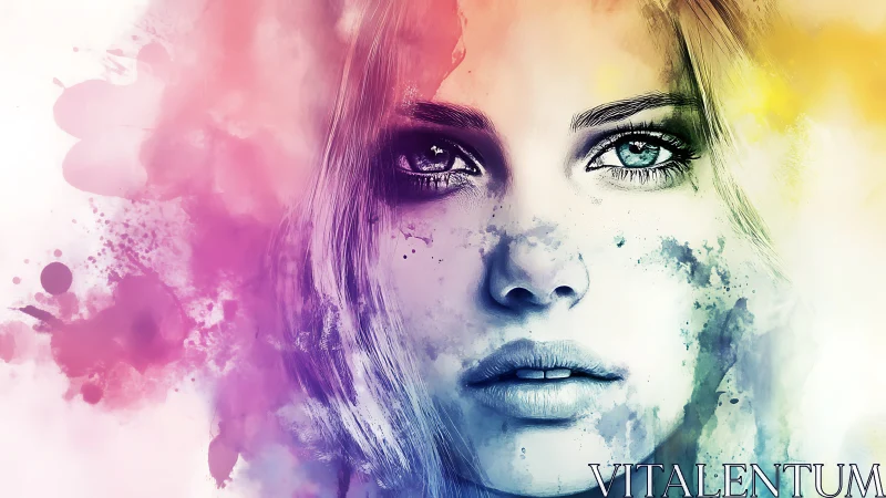 Female face rendered with multicolor abstract wash effects.