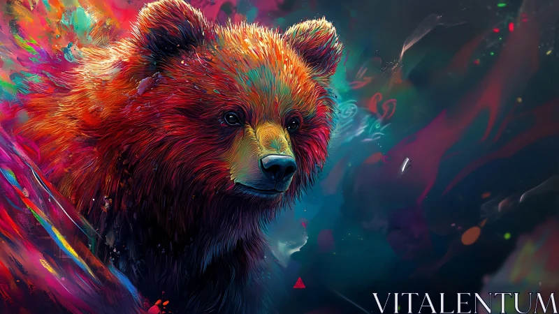 Neon brushstroke bear amid swirling cosmic color field.