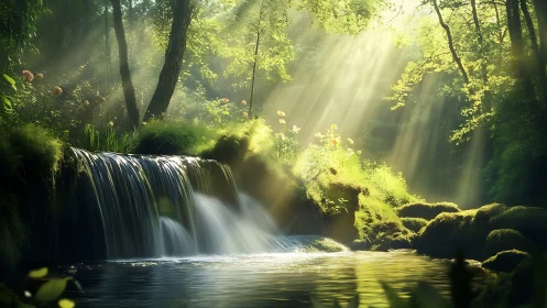 Serene forest waterfall with sunbeams in dreamy natural style.