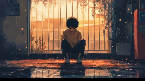 Soft sunset solitude with a quiet boy by glowing puddles.