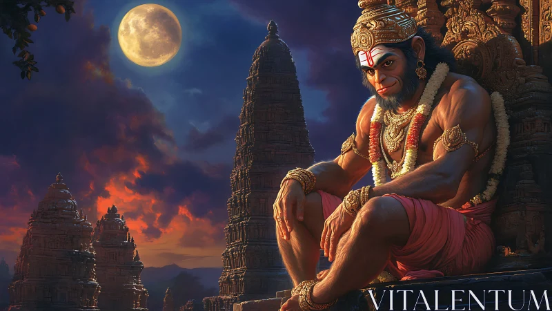 Digital painting of Hanuman on temple terrace under full moon.