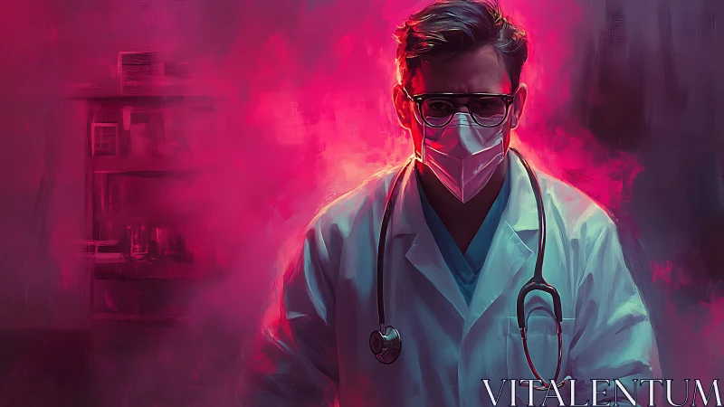 Medical professional in mask against diffuse pink haze.