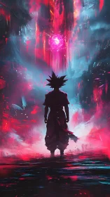 Silhouetted warrior under radiant magenta energy rift