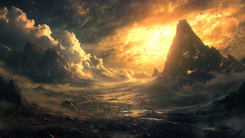 Fiery alien mountains under blazing golden sky.