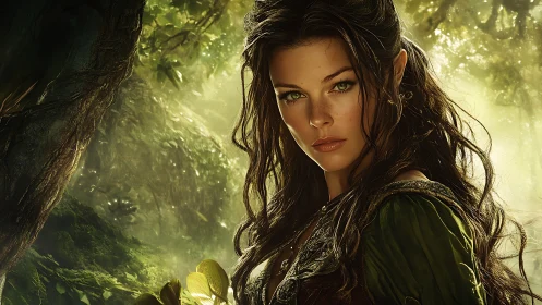 Elf woman in green clothing standing in sunlit forest scene.