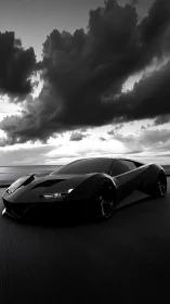 Sleek black supercar racing under dramatic storm clouds.