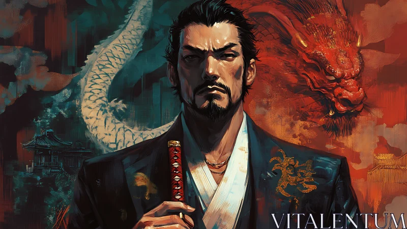 Male figure in formal attire stands before dual dragon motifs