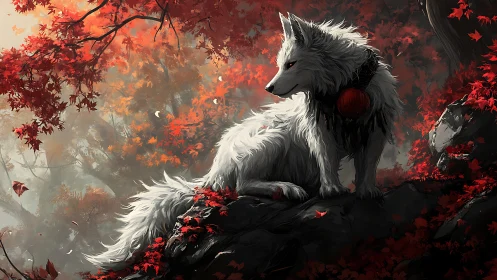 Autumn shrine wolf rests beneath a storm of crimson leaves.