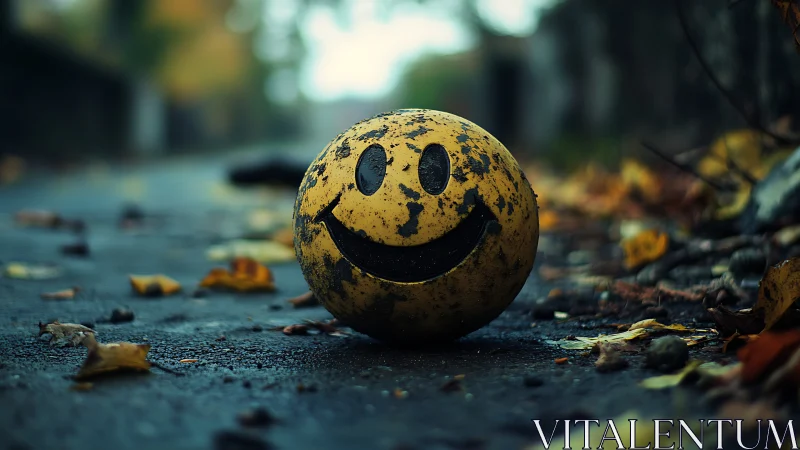 Grinning stray smiley ball resting in a rain-darkened street.